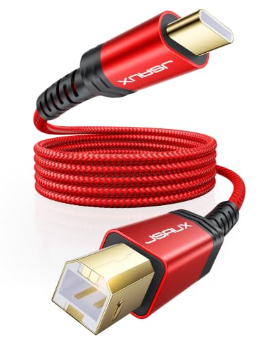 JSAUX USB B zu USB C Druckerkabel 3M, Nylon Geflochten, USB C MIDI Kabel Kompatibel mit MacBook Pro, HP, Epson, Canon, Brother, Lexmark, Xerox Drucker und Scanner-Rot
