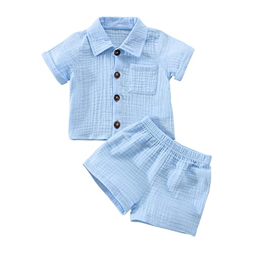 Yassiglia Baby Jungen Musselin Kleidung Set Weiche Bekleidungssets für Kleinkind Sommer Baumwolle-Leinen Outfit Kurzarm Revers Hemd + Shorts (Blau, 12-18 Months)