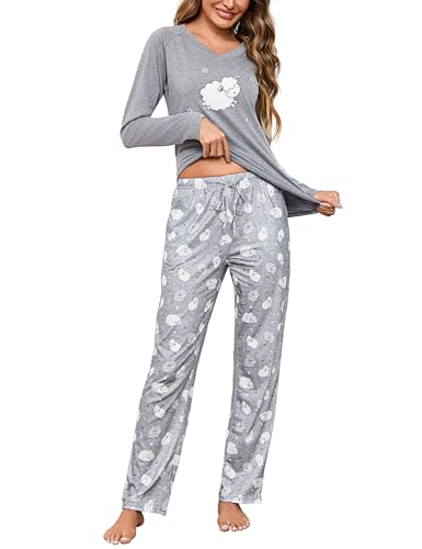 Litherday Schlafanzug Damen Lang Baumwolle Pyjama Set Winter,Grau Schaf,M