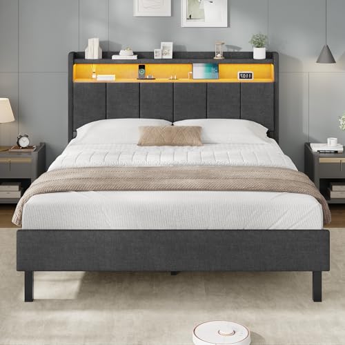 Polsterbett 140x200 mit LED & Ladestation Bett 140×200 mit Stauraum unter dem Bett, Jugendbett Bettgestell mit Lattenrost aus Holz Doppelbett mit Weich Gepolstertem Kopfteil(Dunkelgrau, 140x200cm)