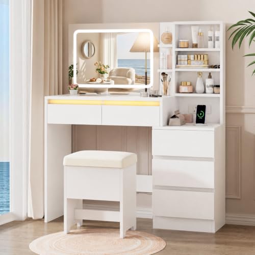 IRONCK Schminktisch mit LED-Beleuchtung, Glasplatte, Hocker & Steckdose