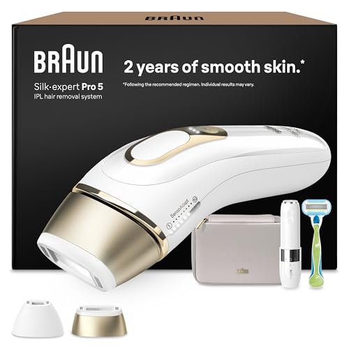 Braun IPL Silk·expert Pro 5 – IPL Geräte Haarentfernung, dauerhaft und schmerzfrei Haarentfernung für Zuhause – Etui mit Gillette Venus Rasierer, 2 Aufsätze, Designed In Germany – PL5156, Weiß/Gold
