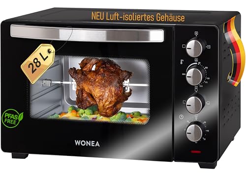 Minibackofen 28 Liter 1600 Watt, Mini-backofen mit Umluft, Mini Backofen mit Luft-isoliertem Gehäuse, Krümelblech, Minibackofen mit Drehspieß, Ofen mit Licht, Pizzaofen, Backofen für Camping