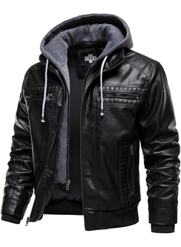 HOOD CREW Herren Kunstlederjacke mit Kapuze Lässige Motorrad Bomberjacke Winddichte Lederjacke Schwarz M