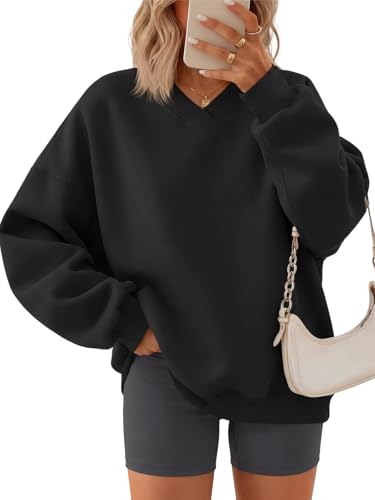 Fisoew Sweatshirt Damen Langarm Pullover V-Ausschnitt Langarmshirt Oversized Casual Oberteile Locker Basic Pulli Einfarbig Top Schwarz S