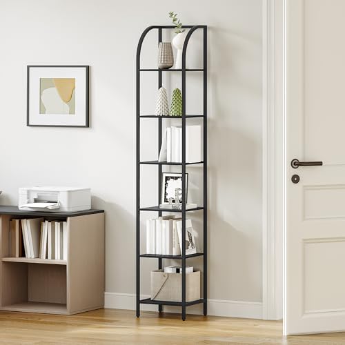 Hzuaneri Bücherregal, 6 Ebenen Standregal, DVD-Regal, Schmale Regale, Offenes Regal, Industriestil, Metallrahmen, Geeignet für Arbeitszimmer, Wohnzimmer, Schlafzimmer, Küche, Schwarz BC56004B