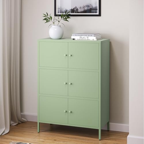 skølm Atriona Metall Kommode – Sideboard mit 3 Fächern & 6 Türen – Metallschrank in Mintgrün – Mehrzweckschrank – Highboard 80 cm breit – höhenverstellbare Füße – Aufbewahrungsschrank – Flurschrank