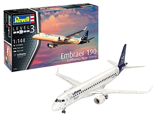 Revell Modellbau, Embraer 190 Lufthansa New Livery, 1:144 Bausatz, 55 Teile, Bastelset ab 10 Jahren - Detailgetreues Modell, Flugzeug, Neue Lackierung