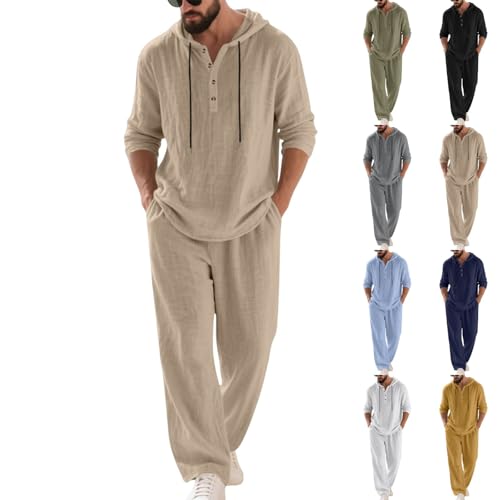 Herren Jogginganzug Set Sommer Baumwolle 2 Teilier Trainingsanzug Langarm Poloshirt und Hose Freizeitanzug Sportanzug Einfarbig Casual Outfit mit Knöpfen und Kapuze für Alltag
