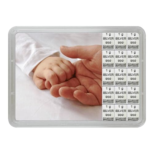 Silberbarren zur Geburt in Flip-Motivbox „Alles Gute“ von Silberstücke24 – Feinsilber 999 CombiBar – Geschenkfertig für Baby & Neugeborene (15g Silber)