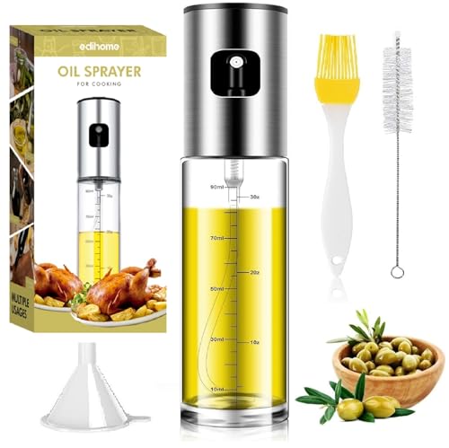 edihome, Ölsprüher, fur Kuche, Öl Sprühflasche, 100 ml, Ölspray fur Heißluftfritteuse, Ölkanne aus Glas und Rostfreiem Stahl, Küchengeräte