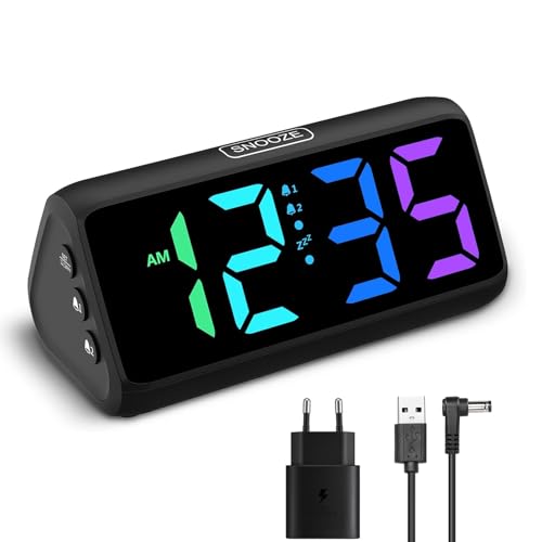 Lauter Wecker für Tiefschläfer, Digitalwecker mit Bunte Display, Doppelalarm, 5 Helligkeitsdimmer, 4 Lautstärken, Abschalt-Speicher, Wecker Nachttisch für Kinder Jugendliche Ältere Schwerschläfer
