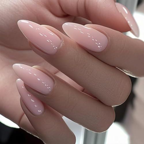 KQueenest Hellrosa Press On Nails Mittel - Acryl Nägel zum Aufkleben Mandel, Natürlich Einfarbig Fake Nails Fingernägel zum aufkleben, Glänzende Gel Full Cover Kunstnägel für Frauen 24 Stück