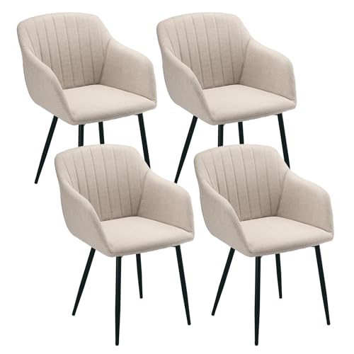Goeurvant Esszimmerstühle 4er Set Beige mit Armlehnen - Polsterstühle aus Leinen, Küchenstühle, Armlehnenstuhl mit Metallgestell für Esszimmer, Wohnzimmer