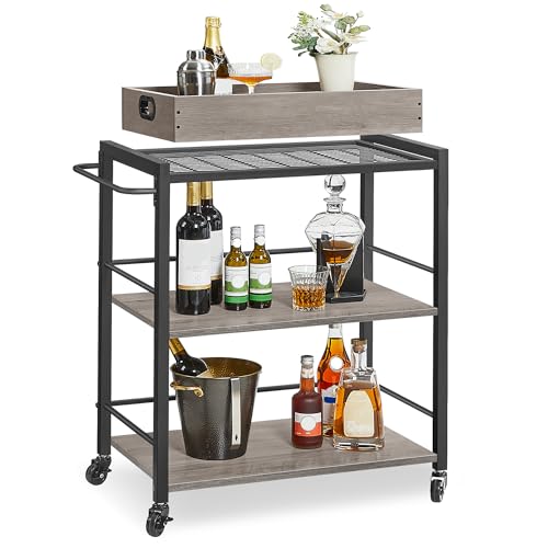 VASAGLE Servierwagen, Küchenwagen, abnehmbares Tablett, mit verstellbaren Füßen und Rollen, Küchenregal, Stahlrahmen, 40 x 72 x 86 cm, Industrie-Design, Greige-schwarz LRC072B02