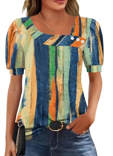 Rapbin Bluse Damen Sommer Tops Asymmetrisches Ausschnitt Oberteile Button T Shirt Elegante Oberteile Casual Bluse Orange-Blau Gestreift XL