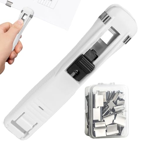 Klammerspender – Papierhefter | Wiederverwendbarer Klammerspender für Papier – Handhefter für Büro Schule Dokumente Rechnungen – Inklusive 50 Clips, Ohne Lochen, Blau Weiß, Desktop Dokumentenbindung