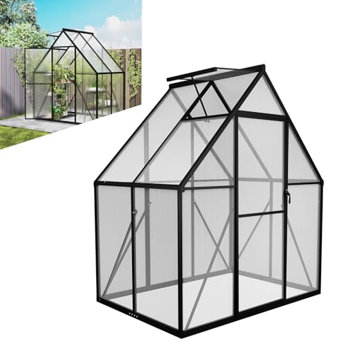 LZQ Gartengewächshaus Aluminium mit Fundament 125x180x195 cm Gewächshaus Pflanzenhaus mit Schiebetür und Dachfenster Treibhaus Gartenhaus Winterfest Aufzucht Tomatenhaus (6x4 ft)