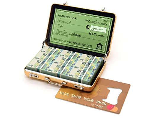 ASVP Shop Geldkoffer zum Geburtstag oder als Verpackung für Gutscheine - Mini Aktenkoffer aus Aluminium mit Schnappverschluss als Hochzeitsgeschenk und Grußkarte - Ideal als Geschenk(Gold)