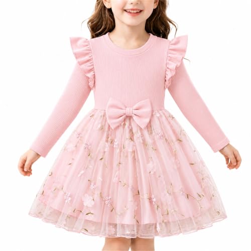JinBei Mädchen Kleider Langarm Rundhals Tüll Kleid Kinder, 4-5 Jahre, Rosa