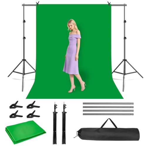 Greenscreen mit Ständer, 2x3m Groß Grün Hintergrund mit Ständer | Mit 4 Federklemmen & Tragetasche,Verstellbarer, Waschbar,Hintergrundständer Set, Chroma Key, Streaming, Gaming