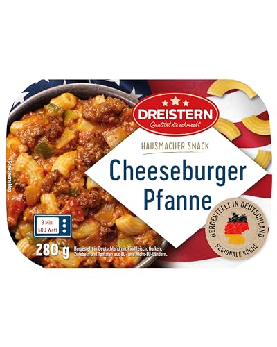 DREISTERN Cheeseburger Pfanne 280g I Mit Rindfleisch & Nudeln I Herzhaftes Fertiggericht in Mikrowellenschale I Lange Haltbarkeit dank natürlicher Konservierung I Hausmacher Qualität