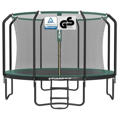 SONGMICS Trampolin 366 cm d, Gartentrampolin für Kinder mit Sicherheitsnetz, 180 cm hohe Stangen, Randabdeckung, Leiter, Stahlrahmen, schwarz-dunkelgrün STR123C01