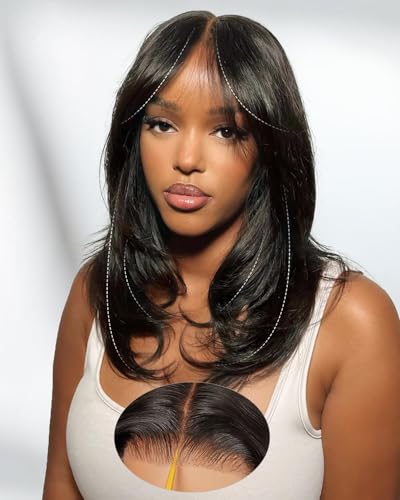 Face-Framing Layered Curtain Bangs Glueless Wig Human Hair Pre Plucked Pre Cut Echthaar Perücke 6x6 HD Lace Front Wig Ready to Wear Butterfly Haircut Closure Perücke Damen Echthaar 16 Zoll