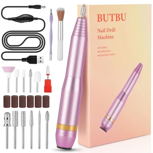 BUTBU Nagelfräser Kabellos, 13 in 1 Professionell Elektrische Nagelfeile, 20000 u/min Geschwindigkeitsstufen Einstellbar, Nagelfräser für Gelnägel, für Nagelhaut Shellac Acrylgel, Semipermanentes Gel