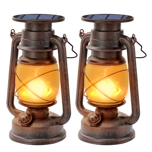 Hzitcigm Vintage Solarlaterne für Außen, 2 Stück Solar Laterne Hängende Retro LED Solarlampen Draußen Wasserdicht Sturmleuchte LED Outdoor Laternen mit Flammen Effekt Solarleuchte für Garten, Camping