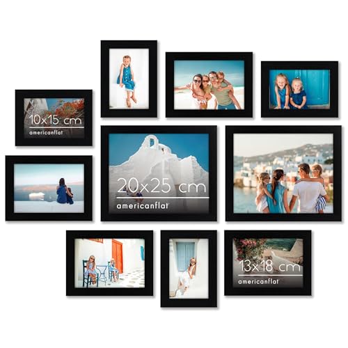 Americanflat 10-teiliges Collage-Bilderrahmen Set Schwarz für Wand & Tisch - Zwei 20x25, Vier 13x18 & Vier 10x15 Rahmen - Rahmenset mit Bruchsicherem Glas, Aufhängevorrichtungen & Aufstellern