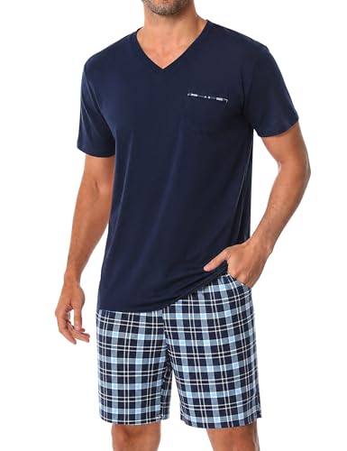 Bresdk Pyjama Herren Schlafanzug Kurz Baumwolle Sommer Set für Männer Nachtwäsche Kariert Blau01 M216 L