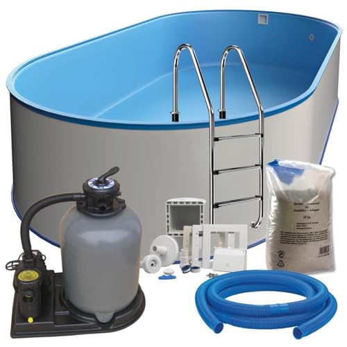 Stahlwand Ovalpool-Set (L x B x T) 5,25 m x 3,20 m x 1,20 m, Pool Made in Europe, mit Edehlstahlleiter für Tiefbecken, SF133 Sandfilteranlage mit 6 m³/h, Einbauskimmer, Filtersand, Poolschlauch