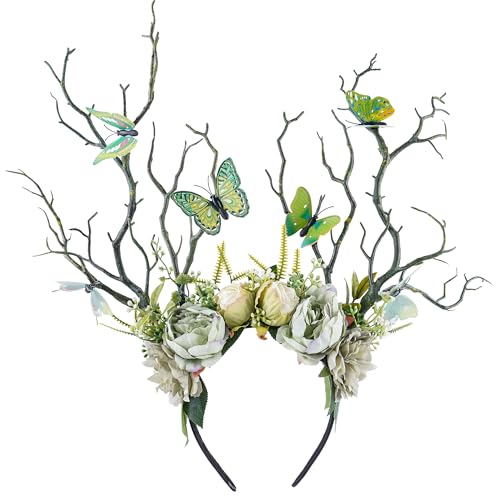 MOSTORY Antlers Headband für Renaissance Kostüme Damen, Grün Geweih Kopfschmuck mit Schmetterling Blumen für Faschingskostüme Cosplay