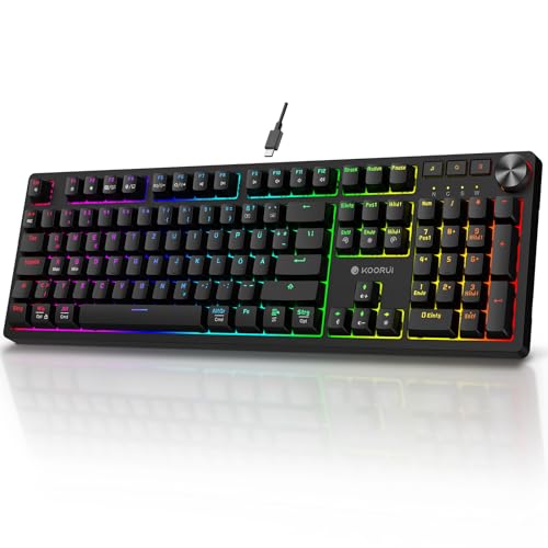 KOORUI Gaming Tastatur, Mechanisch Tastatur QWERTZ Deutsches Layout 104 Tasten 26 RGB Hinterleuchtet Kabelgebunden Gaming Keyboard für Windows MacOS Linux-Blauer Schalter