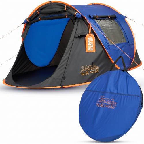 Burgwerk Wurfzelt für 2-3 Personen | 2 Sekunden Aufbau | 4000mm Wassersäule & UV-Schutz 50+ | Pop Up Zelt 2 Personen Wasserdicht Nachtblaue Schlafkabine | Verstärkte Heringe | Outdoor Camping Zelte