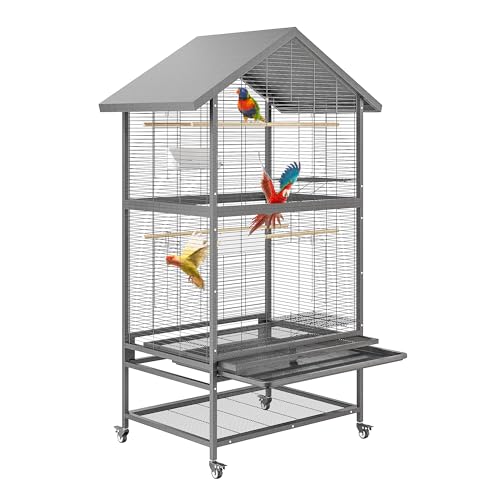 Großer Vogelkäfig, Metall Papageienkäfig mit 4 Arretierbaren Rädern, Abnehmbarem Tablett, Futterspender, Holzsitzstangen, Flugkäfig Leicht zu Reinigendem Außenvoliere Vögel, 80x60x167cm