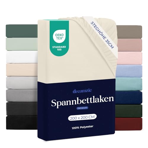 Dreamzie Spannbettlaken, 200 x 200 cm, für Dicke Matratzen bis 33 cm – 100% Polyester-Mikrofaser – Beige, Zertifiziert ohne Chemikalien (Oeko Tex), Spannbettlaken mit Rundumgummizug