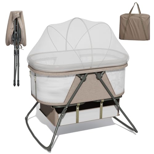 XJD Baby Beistellbett, 2 in 1 Babybett klappbar, Stubenwagen mit Aufbewahrungskorb, Reisebett mit weich Matratze, Transporttasche, Moskitonetz, Babywiege für 0-6 Monate, von Geburt bis 10 kg, Khaki