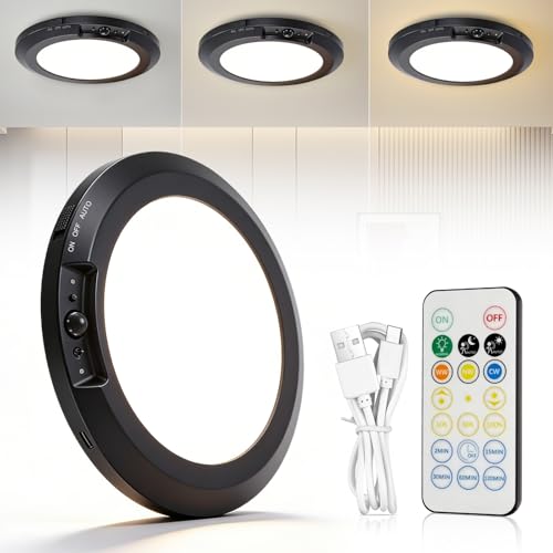 GOMETY LED Deckenleuchte, Deckenlampe mit Bewegungsmelder, Flache Lampe mit Fernbedienung, Rund Sensor Licht 3 Modi Dimmbar 3000K/4500K/6500K, Kabellos LED Lampe für Flur Keller Treppe Balkon Garage