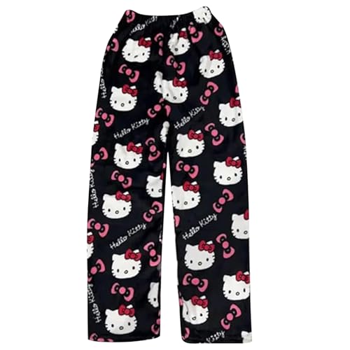 Pyjama Hose Kitty Schlafanzug Damen Pyjamas Hosen Lang Flanell Pyjama Hose Damen Schlafhose Weich Kawaii Pyjamas Anime Bequeme Schlafanzughose Frauen Anime Cartoon Casual Herbst-Winter (Black, S)
