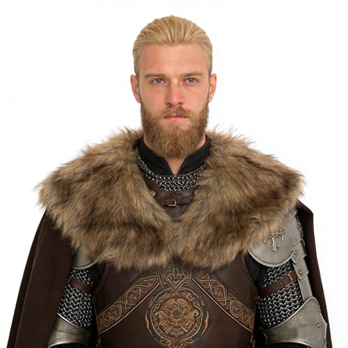 FakeFace Wikinger Kunstpelz Schal Herren Mittelalter Pelzkragen Umhang Schulterumhang Krieger Pelzschal Wiking Fell Schal Kostüm Accessoire für LARP Halloween Karneval Renaissance Party
