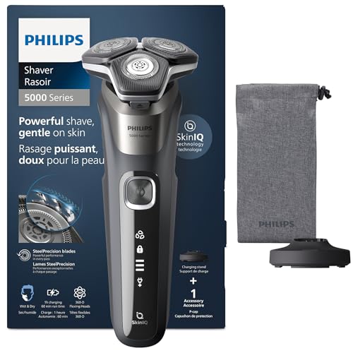 PHILIPS Shaver Series 5000 – Elektrischer Nass- & Trockenrasierer in Carbongrau mit 1 integrierten ausklappbaren Trimmer, weicher Tasche, Schutzkappe & Ladestation (Modell S5887/13)