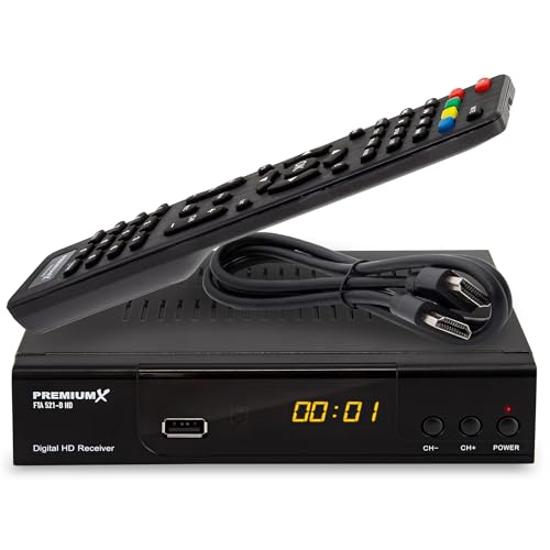PremiumX Satelliten-Receiver HD 521 B FTA Digital SAT TV-Receiver DVB-S2 FullHD HDMI SCART 2X USB Multimedia-Player, 12V Externe Netzteil