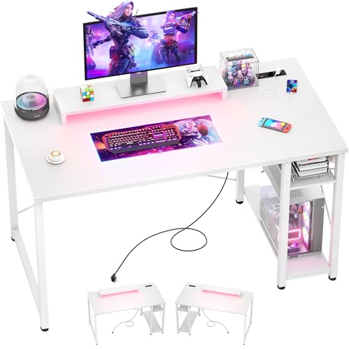 iSunirm Gaming Tisch, Gaming Schreibtisch mit LED & Steckdosen, Computertisch mit USB, PC Tisch Gaming mit Monitorständer, Moderner Bürotisch/Study Table für Büro und Gaming Room