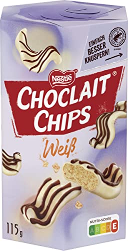 Nestlé CHOCLAIT CHIPS Weiß, Leckere Knusperchips mit Mandelgeschmack, umhüllt mit weißer Schokolade und verfeinert mit Milchschokolade-Dekorstreifen, 1er Pack (1 x 115g)
