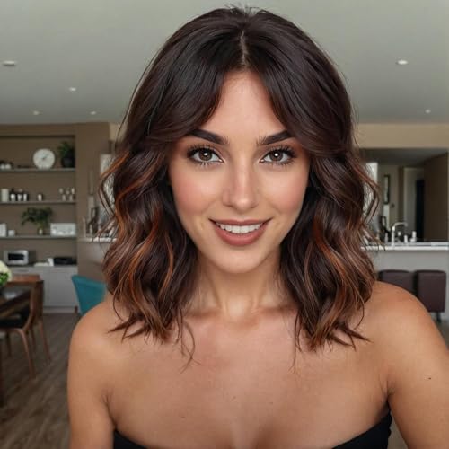 WOKESTAR Bob Lockenperücke mit Fransen, Kurze Synthetik Perücken für Frauen Braun mit Highlights Farbe