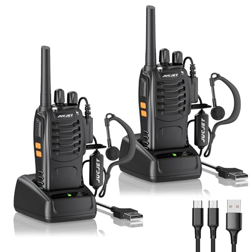 JUCJET 88E Walkie Talkie, Lizenzfrei PMR446 16 Kanäle Funkgeräte, Handfunkgerät Eingebauter LED Taschenlampe. 2-in-1 Type-C Charging Cable mit USB-Ladestation und Headset (Schwarz, 2 Stück)
