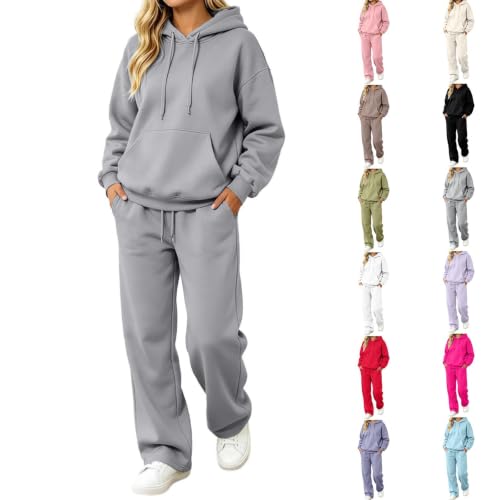 Jogginganzug Damen,Jogginganzug Damen Set Hausanzug Trainingsanzug Herbst Winter Kuschelig 2 Teile Tracksuit Hoodie und Jogginghose Warme Zweiteiler Loungewear Langarm mit Kapuze Streatwear Grau L