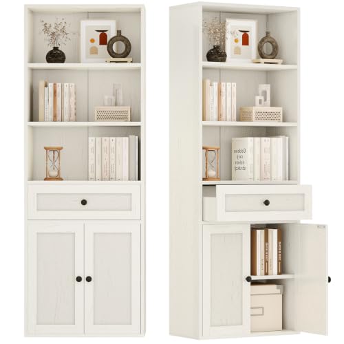 Coleshome Bücherregal mit Tür Schublade, Standregal 5 Ebenen 164cm Weiß